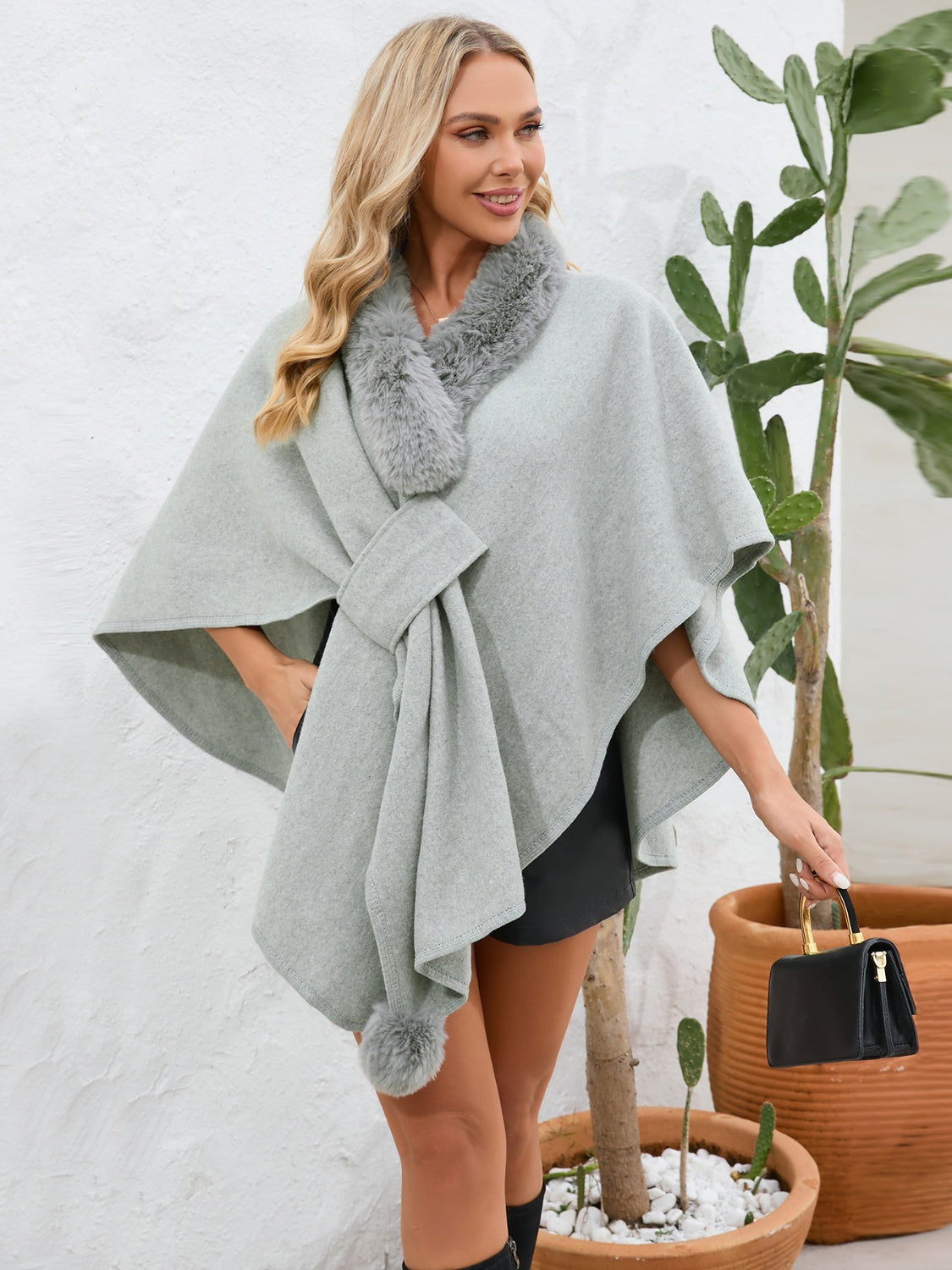 Fuzzy Trim Open Front Poncho (grey/black/green/cream/mocha/camel)