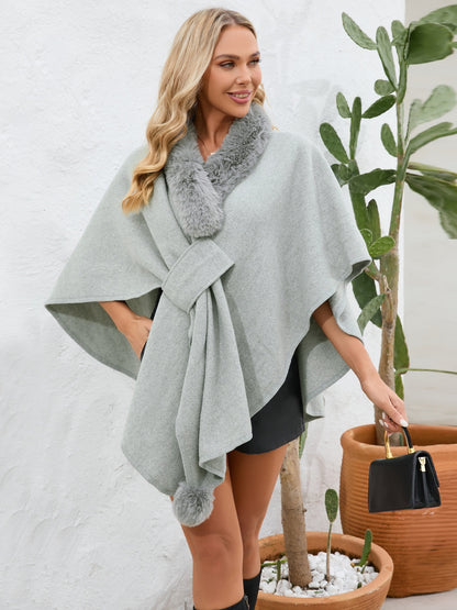 Fuzzy Trim Open Front Poncho (grey/black/green/cream/mocha/camel)