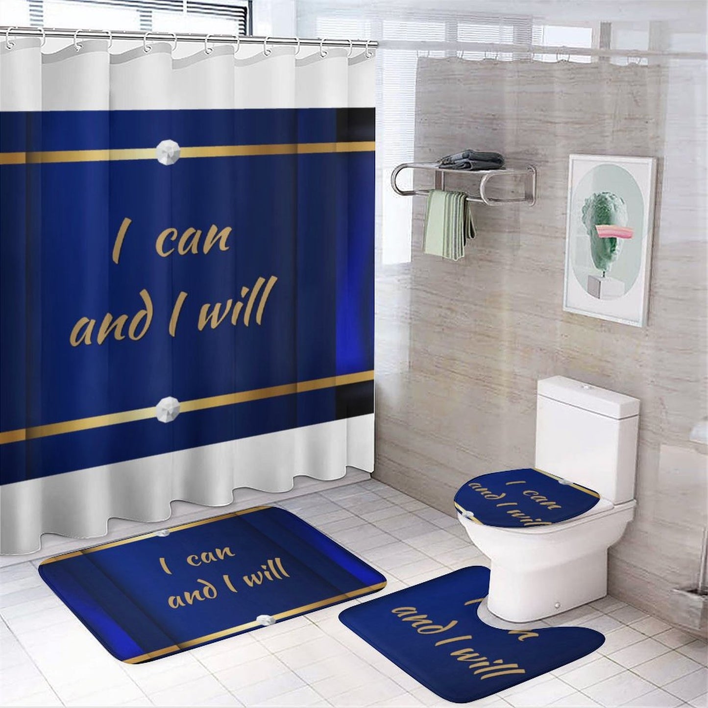 Shower Curtain Set with 3 Rugs