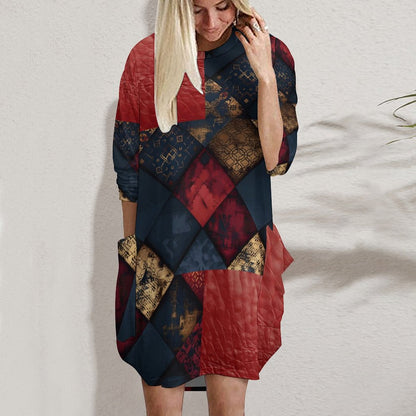 TRIANGLES & LEATHER Loose Long-sleeve Dress with Pockets-SMALL-5XL