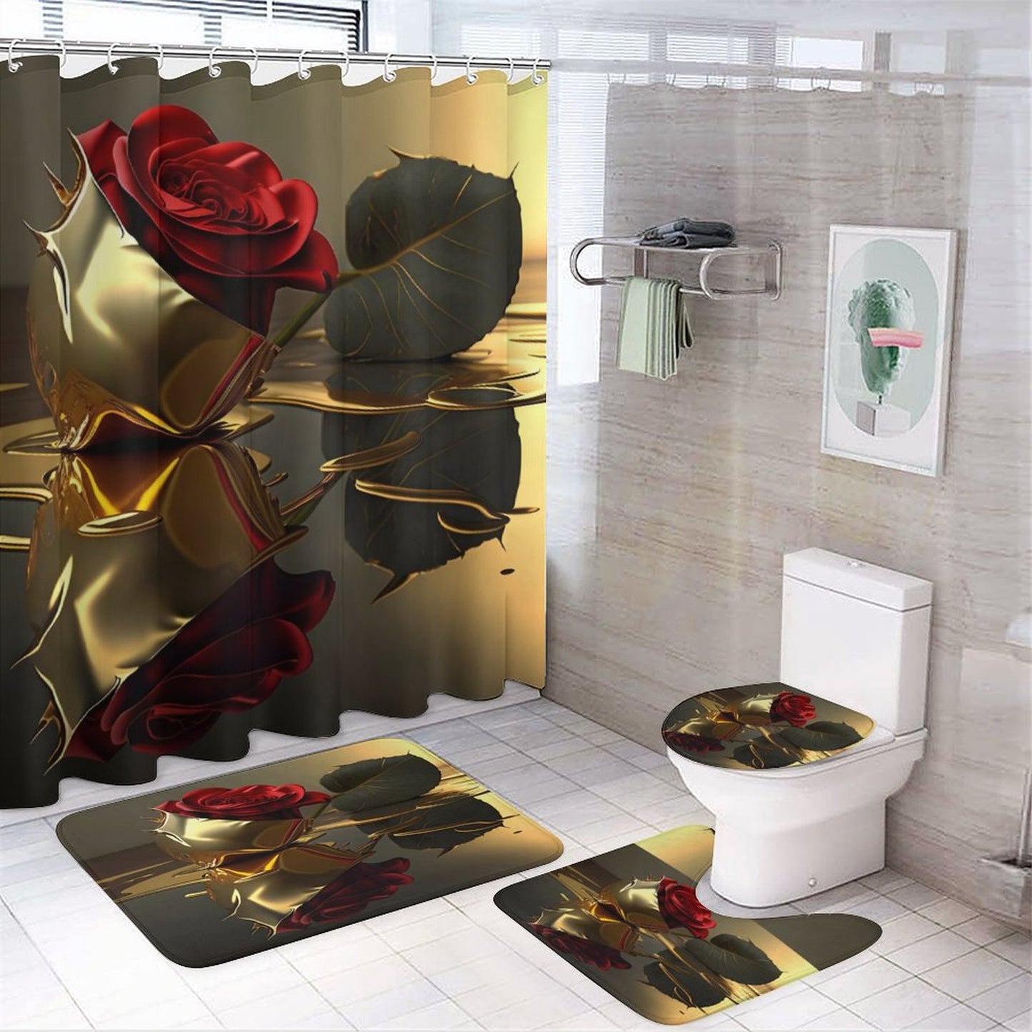Shower Curtain Set with 3 Rugs