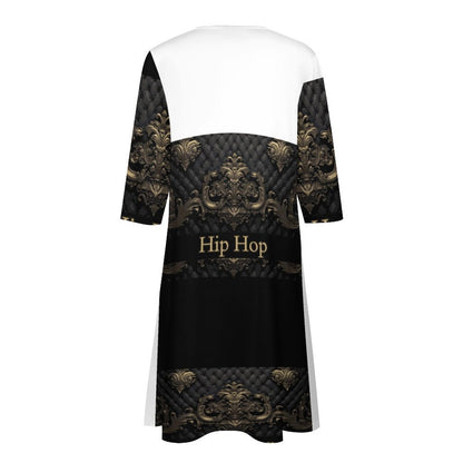 V-neck 3/4 Sleeve Dress with Pockets (All-Over Printing)