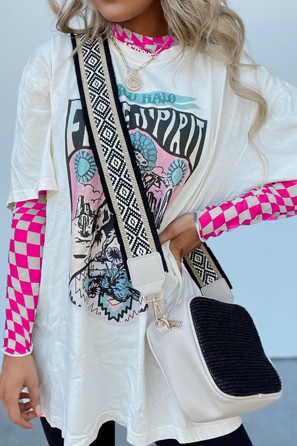 Distorted Checkered Mock Neck Long Sleeve Blouse (hot pink/black/beige)-SMALL-XL