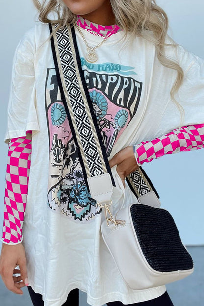 Distorted Checkered Mock Neck Long Sleeve Blouse (hot pink/black/beige)-SMALL-XL
