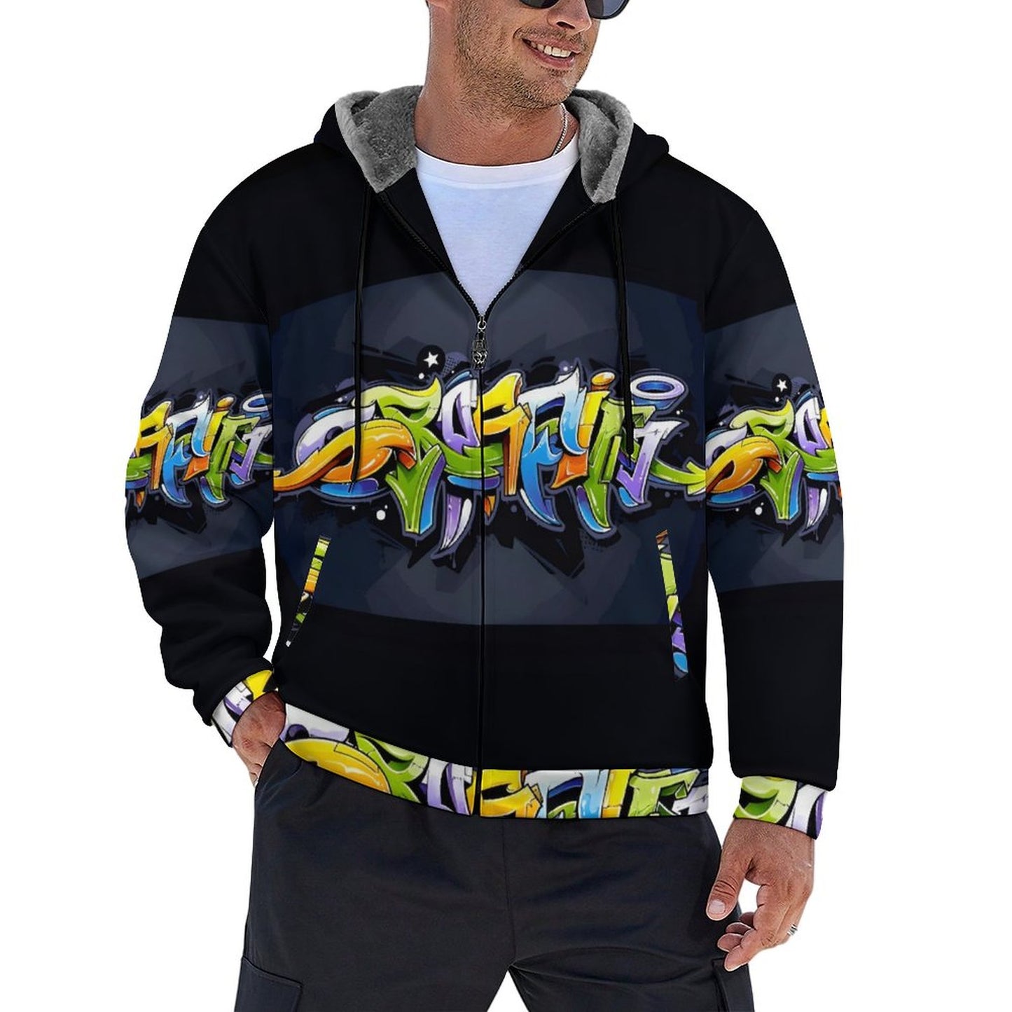 COLORFUL GRAFFITI UNISEX Zipper Plush Fur Jacket-SMALL-5XL