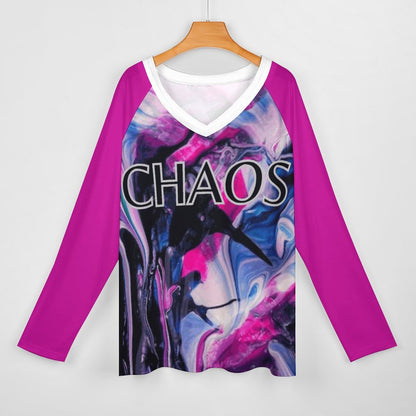 CHAOS V-neck Loose Long Sleeve T-shirt (pink)-SMALL-5XL)