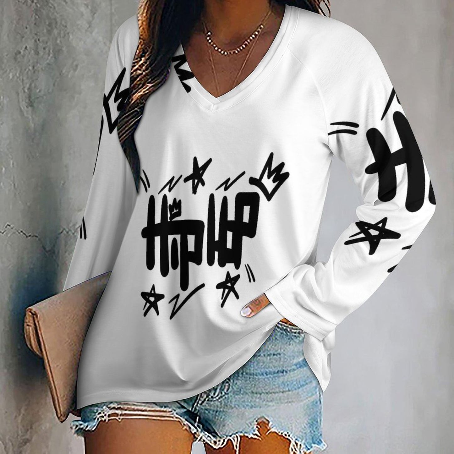 V-neck Loose Long Sleeve T-shirt TLREV2 (All-Over Printing)