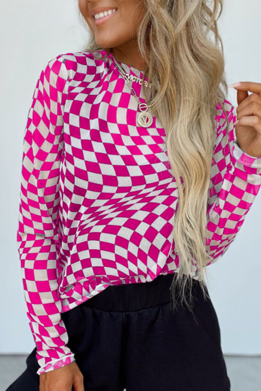 Distorted Checkered Mock Neck Long Sleeve Blouse (hot pink/black/beige)-SMALL-XL