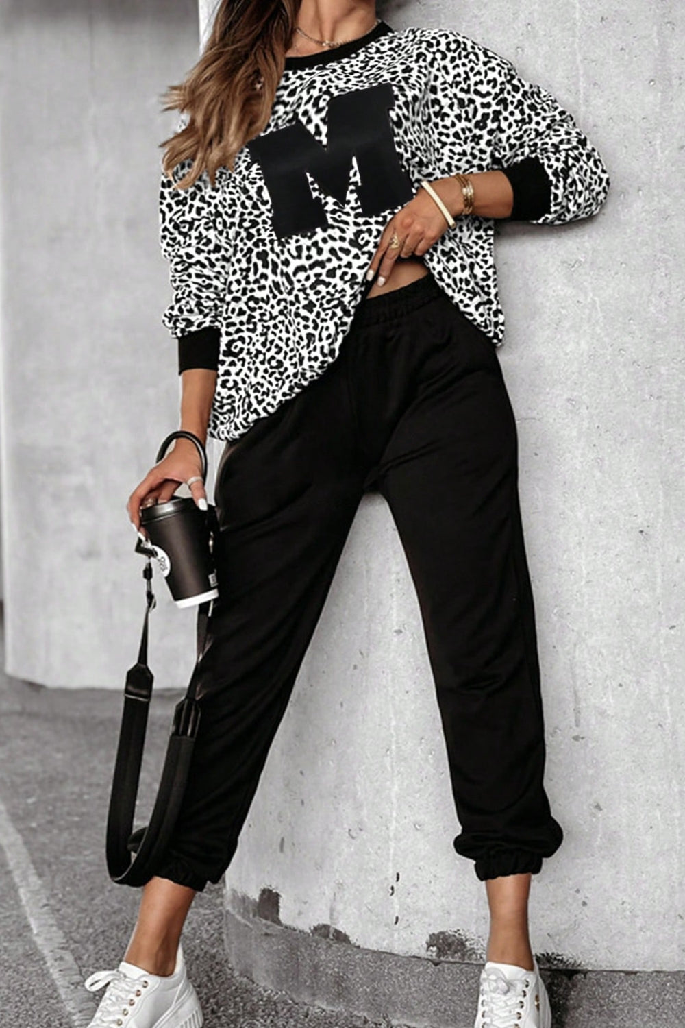 ON SALE::::Letter M Leopard Round Neck Top and Pants Set (white/burgundy/tan)-S-XL