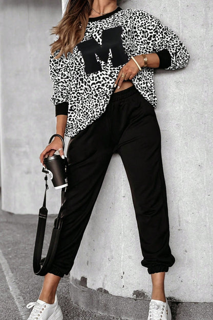 ON SALE::::Letter M Leopard Round Neck Top and Pants Set (white/burgundy/tan)-S-XL