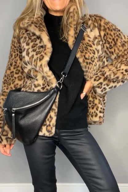 Full Size Leopard Fur Collared Neck Long Sleeve Coat (camel/grey/blue/cerise or red/pink)-SMALL-3XL