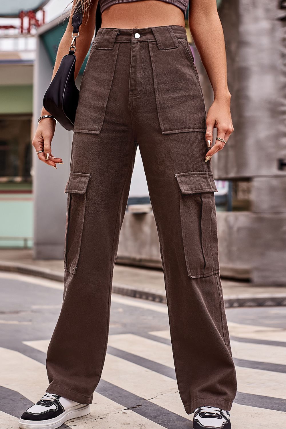 Buttoned High Waist Loose Fit CARGO Jeans-SMALL-2XL (BROWN/BLACK/BLUE)