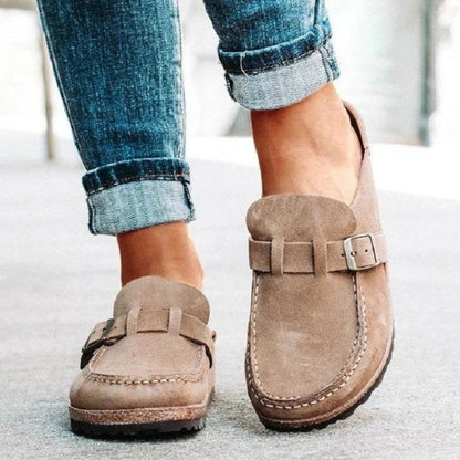 Round Toe Low Heel Buckle Loafers (khaki/black/purple/sage/caramel)