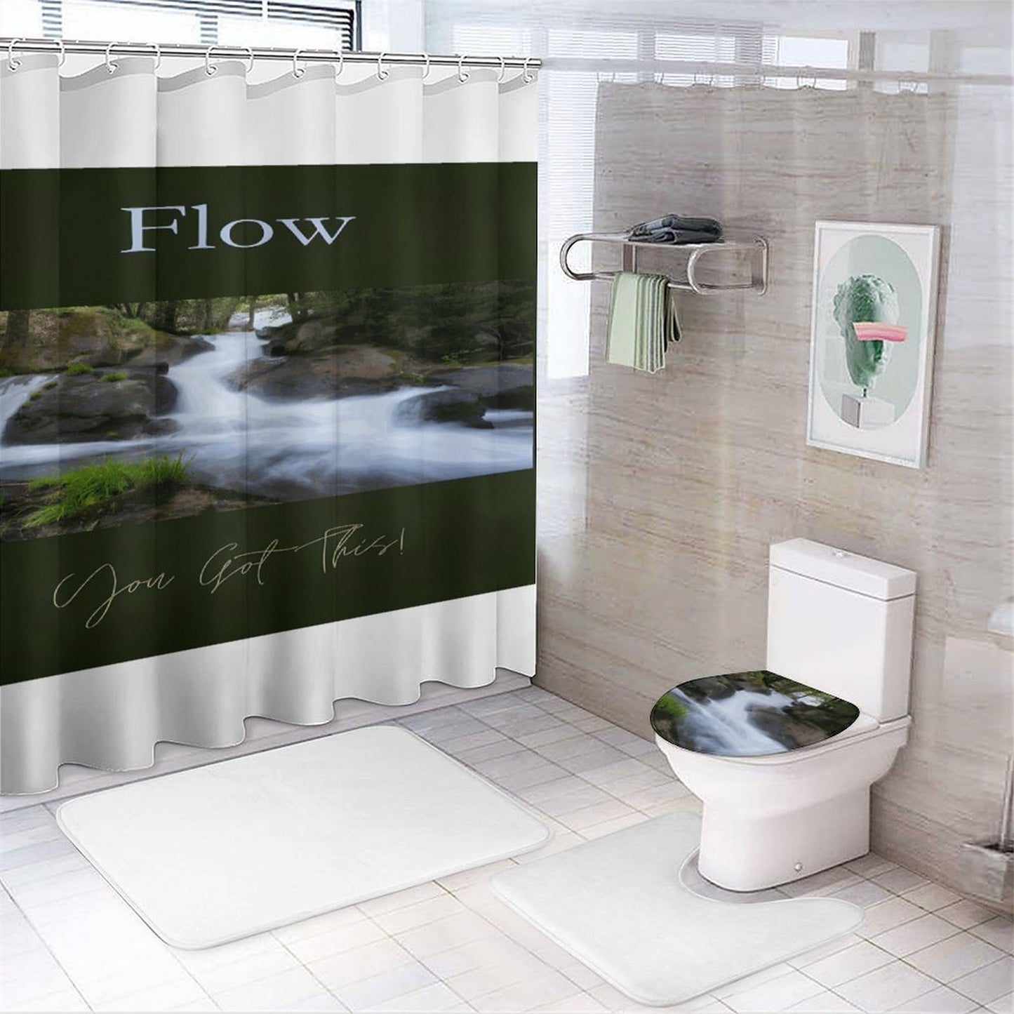 Shower Curtain Set with 3 Rugs
