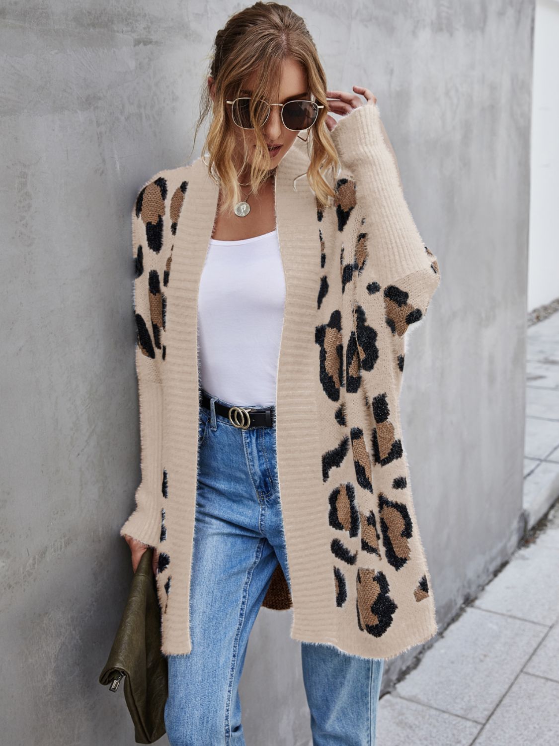 Angel Wings Leopard Pattern Fuzzy Cardigan (white/grey/khaki)-S-XL