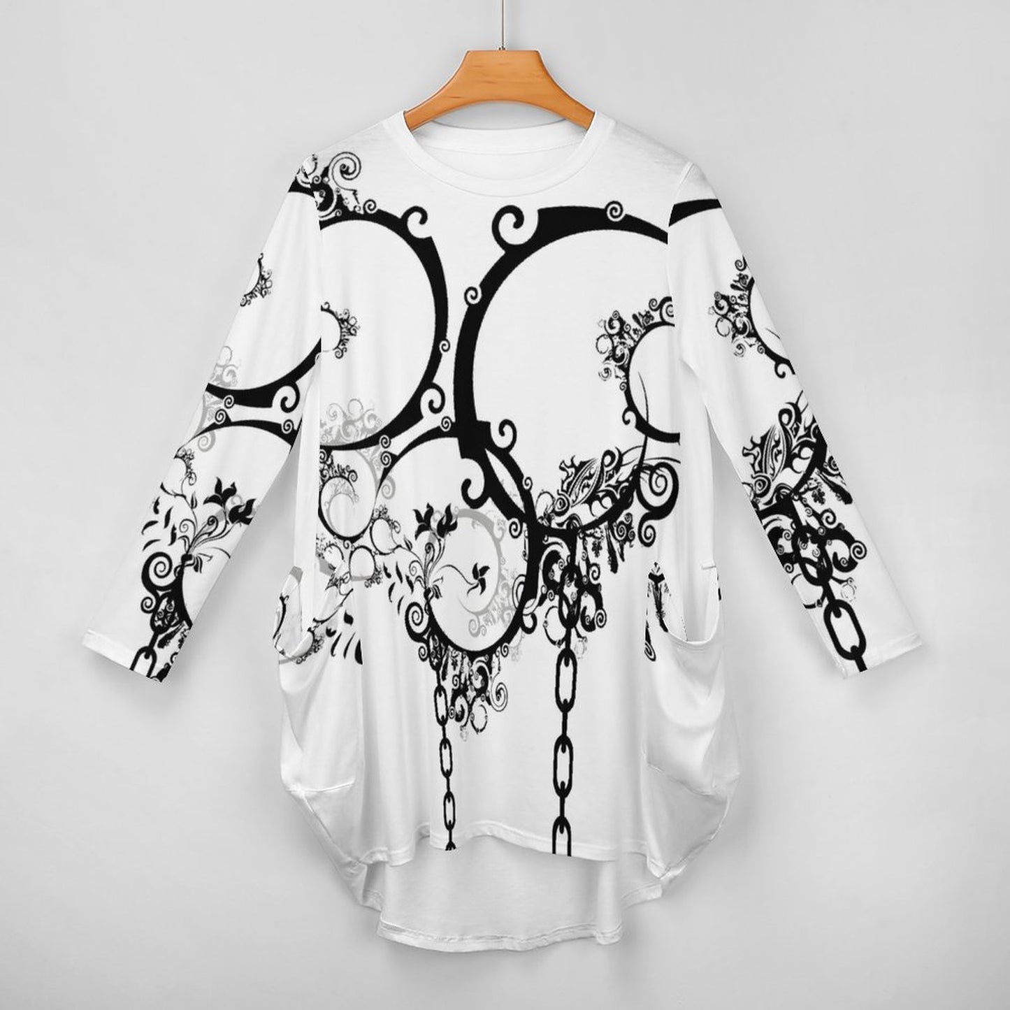 Loose Long-sleeve Dress with Pockets (All-Over Printing)