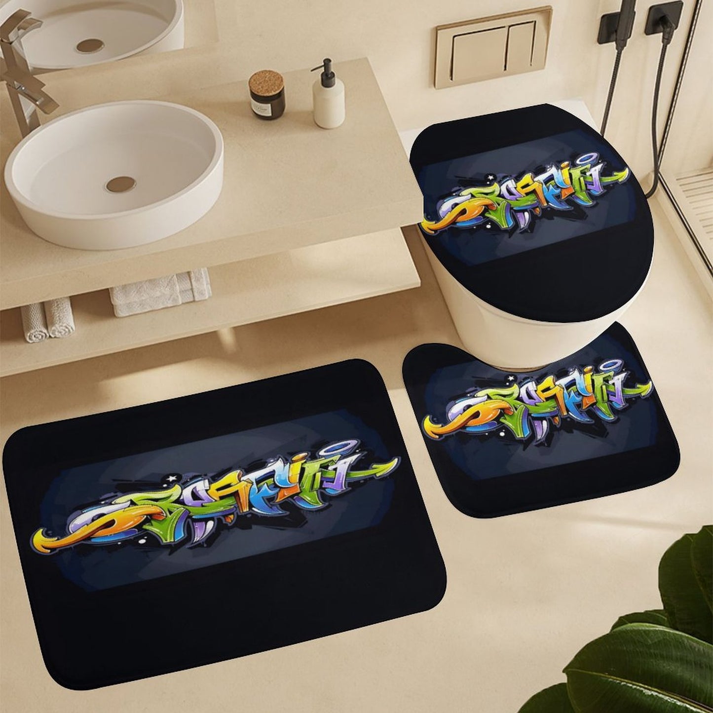 COLORFUL GRAFFITI Coral Velvet Restroom Rug Set of 3-15.7"x23.6"/ 40x60cm