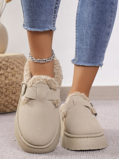 Thermal Fuzzy Buckle Platform Slippers (caramel/beige/black)