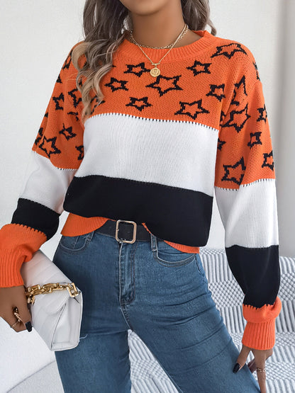 Star Contrast Round Neck Sweater-SMALL-XL