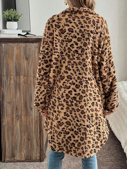 Leopard Furry Button Up Long Sleeve Full Coat-SMALL-XL