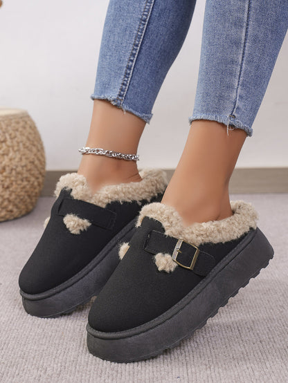 Thermal Fuzzy Buckle Platform Slippers (caramel/beige/black)