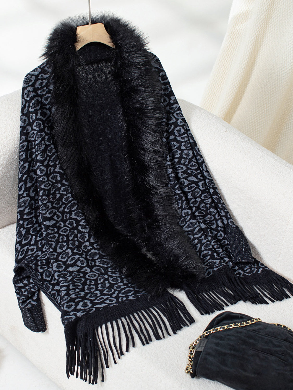 Fringe Leopard Open Front Long Sleeve Poncho (beige/chocolate/indigo/burgundy/brown/black)