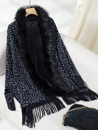 Fringe Leopard Open Front Long Sleeve Poncho (beige/chocolate/indigo/burgundy/brown/black)