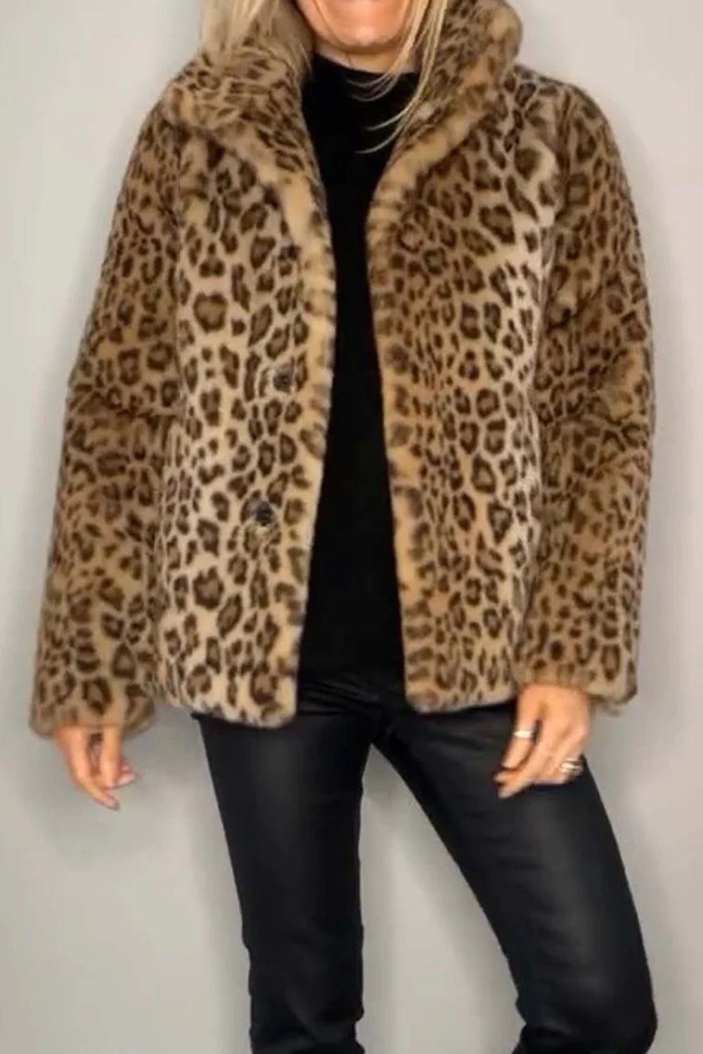 Full Size Leopard Fur Collared Neck Long Sleeve Coat (camel/grey/blue/cerise or red/pink)-SMALL-3XL
