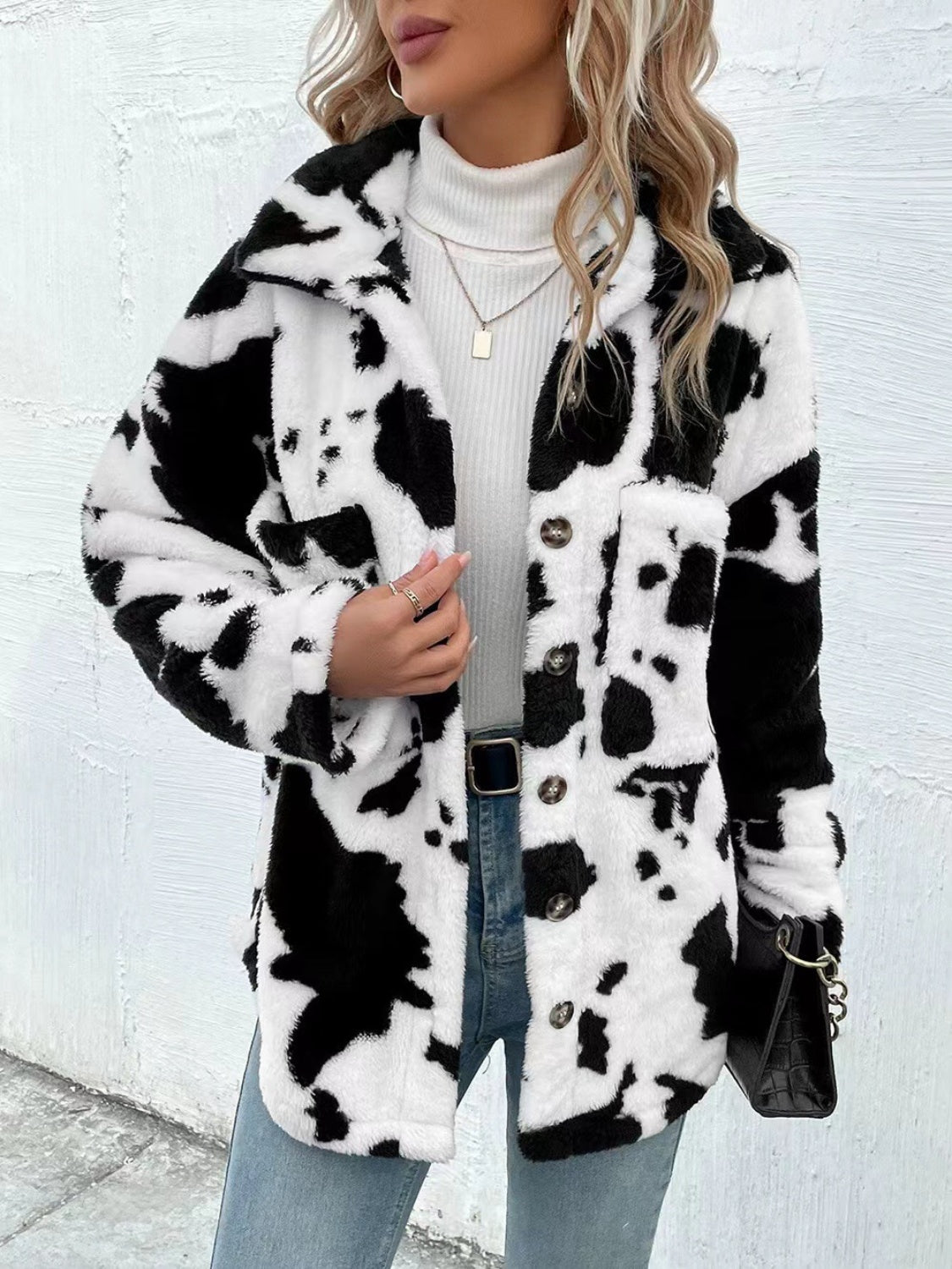 Cow Print Collared Neck Button Up Faux Fur Jacket (WHITE & BLACK/*IVORY & BLACK) -SMALL-XL