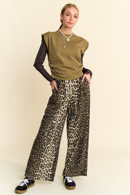 Davi & Dani Leopard Wide Leg Pants-S-L