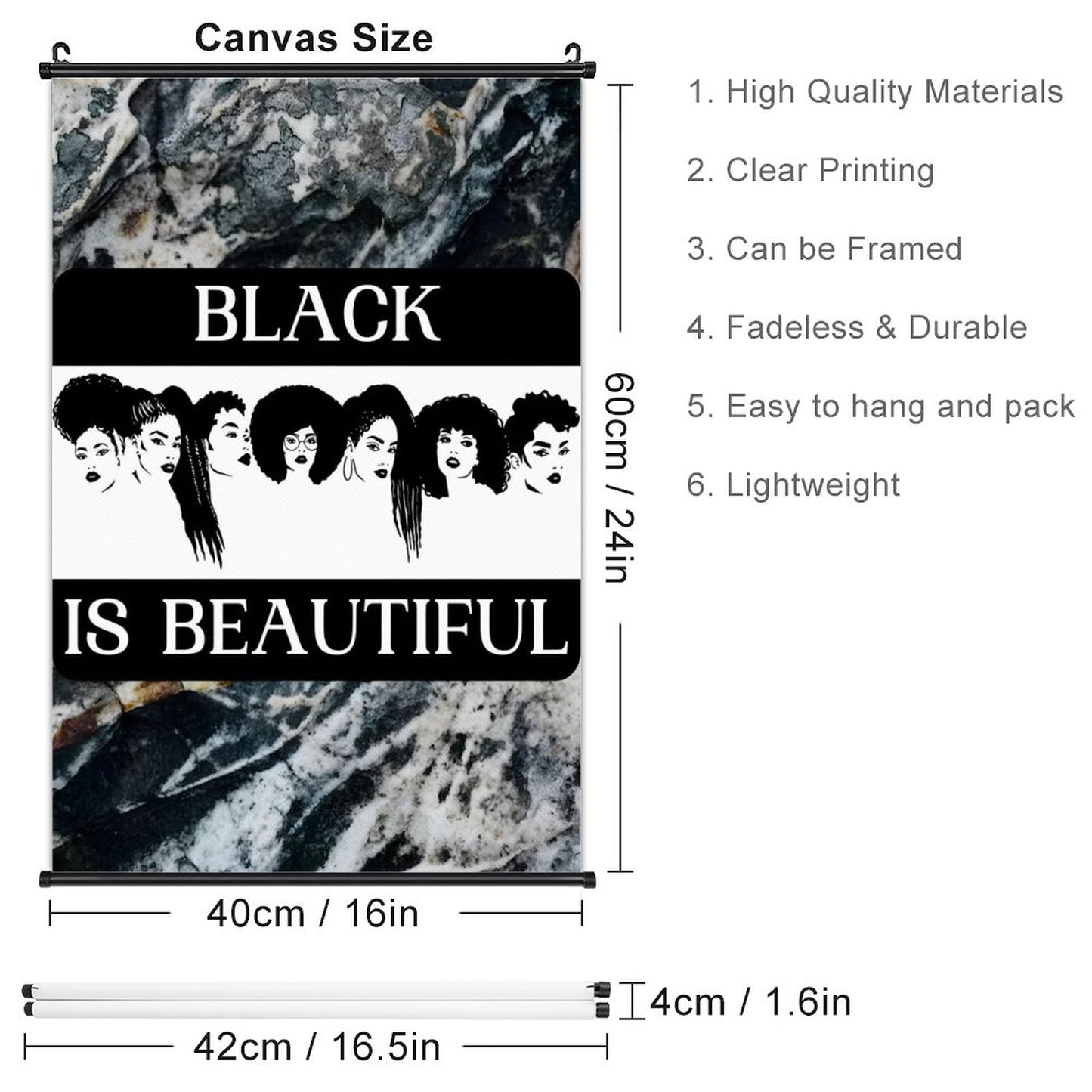 Canvas Hanging Poster with Scrolls-16"x24"/ 40x60cm-BLACK IS BEAUTIFUL
