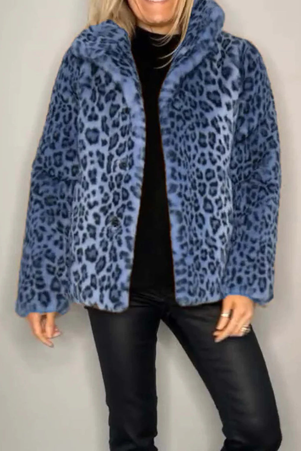 Full Size Leopard Fur Collared Neck Long Sleeve Coat (camel/grey/blue/cerise or red/pink)-SMALL-3XL