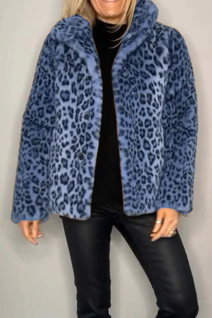 Full Size Leopard Fur Collared Neck Long Sleeve Coat (camel/grey/blue/cerise or red/pink)-SMALL-3XL
