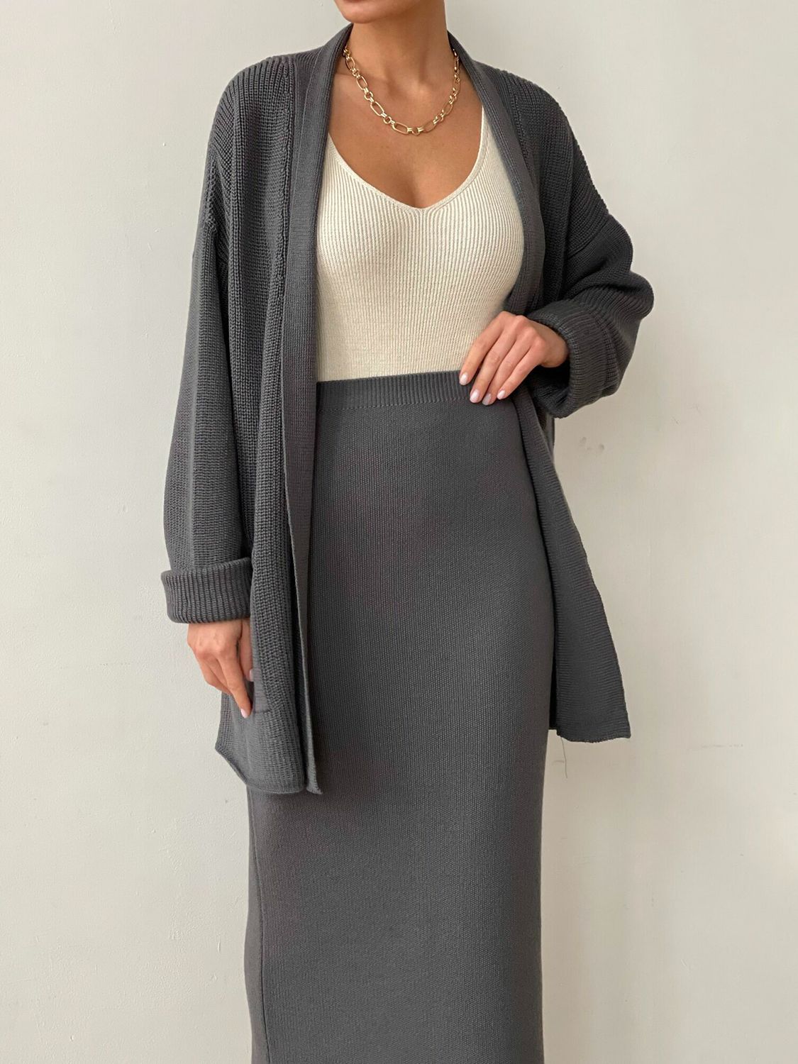 Pocketed Long Sleeve Cardigan and Skirt Sweater Set (cream/camel/lt. green/grey/black) ONE SIZE