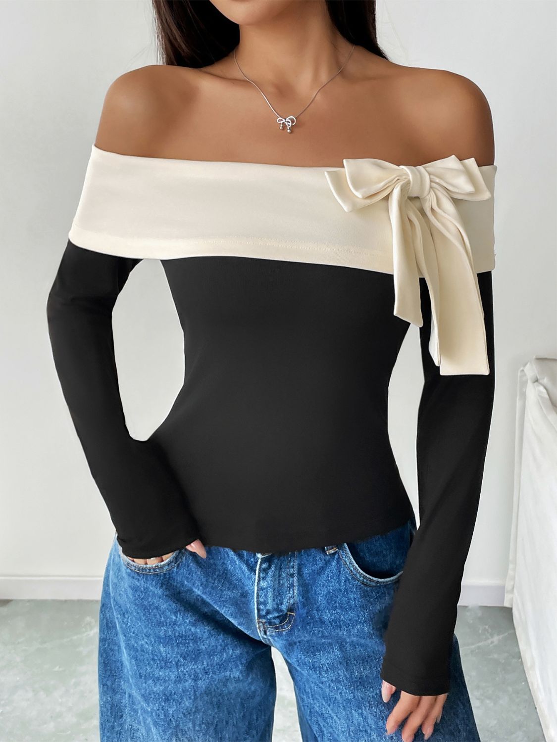 Bow Contrast Off-Shoulder Long Sleeve Top-SMALL-XL