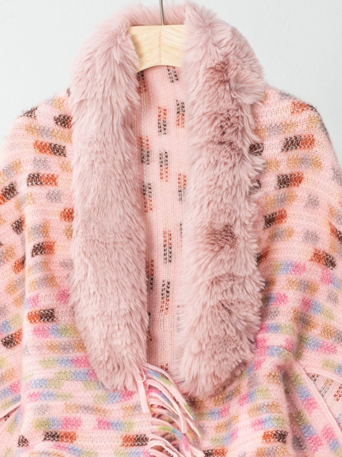 Fringe Fuzzy Open Front Poncho (cream/pink/brown/blue/khaki) ONE SIZE