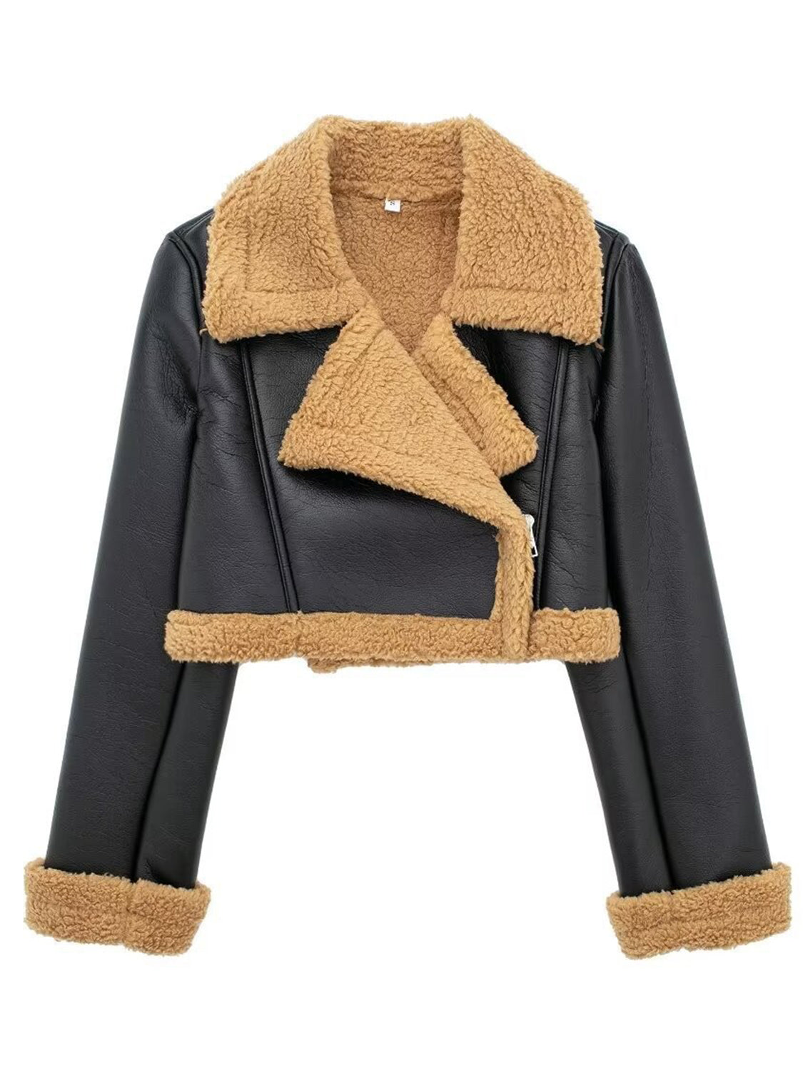Collared Neck Long Sleeve Plush Cropped Leather Jacket (chocolate & white/black & white/mustard & white/black & reddish brown/brown & reddish brown/coffee brown/burgundy)-SMALL-LARGE