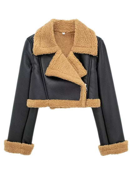 Collared Neck Long Sleeve Plush Cropped Leather Jacket (chocolate & white/black & white/mustard & white/black & reddish brown/brown & reddish brown/coffee brown/burgundy)-SMALL-LARGE