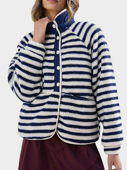 Pocketed Half Snap Sherpa Jacket (2 STYLES: cow print/blue stripe)-S-XL