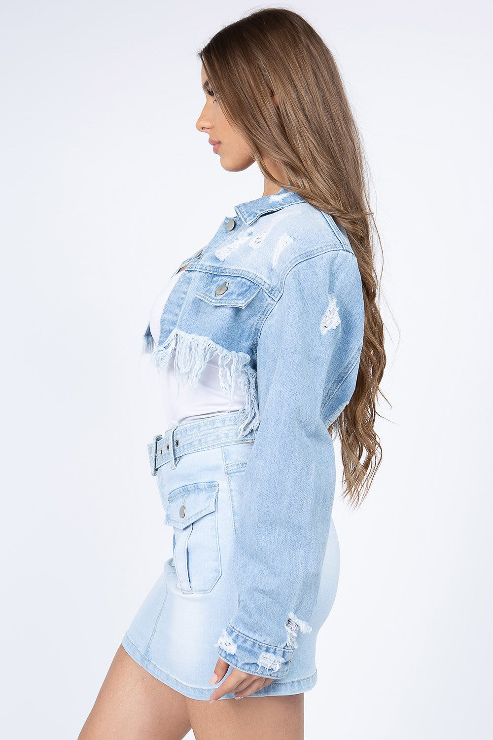 American Bazi Distressed Denim Jacket with Frayed Hem (S/M/L)