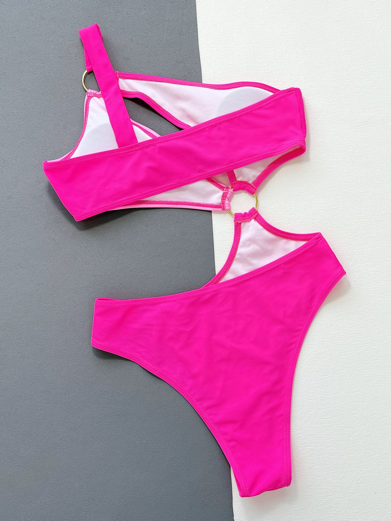 One-Shoulder Cutout Ring Detail One-Piece Swimsuit-S/M/L