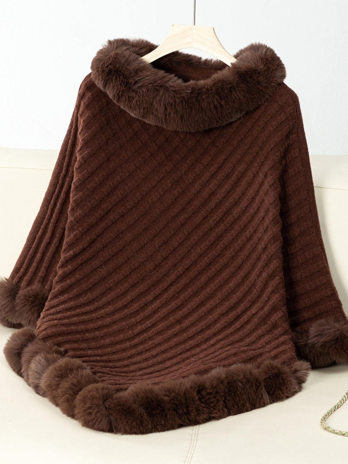 Fuzzy Trim Texture Three-Quarter Sleeve Poncho (beige/camel/grey/brown/black/burgundy)