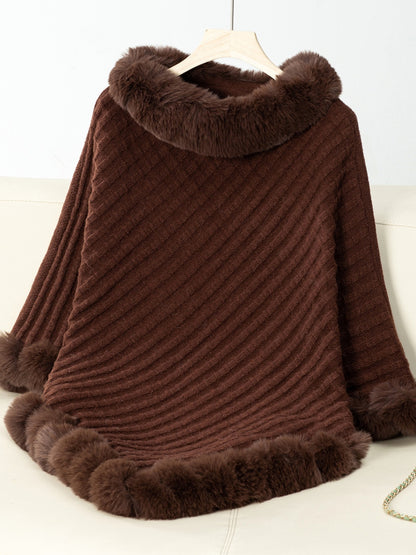 Fuzzy Trim Texture Three-Quarter Sleeve Poncho (beige/camel/grey/brown/black/burgundy)