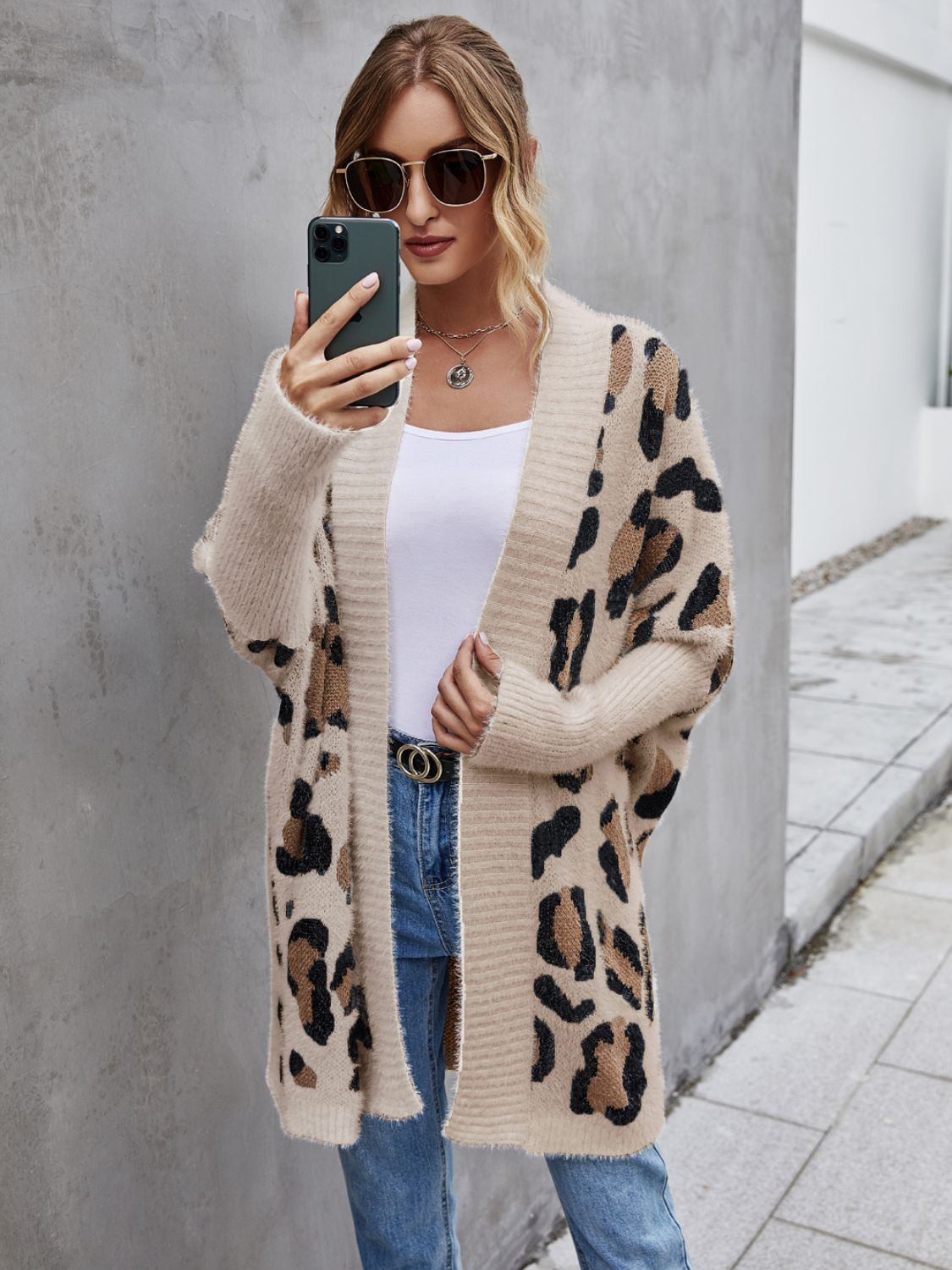 Angel Wings Leopard Pattern Fuzzy Cardigan (white/grey/khaki)-S-XL