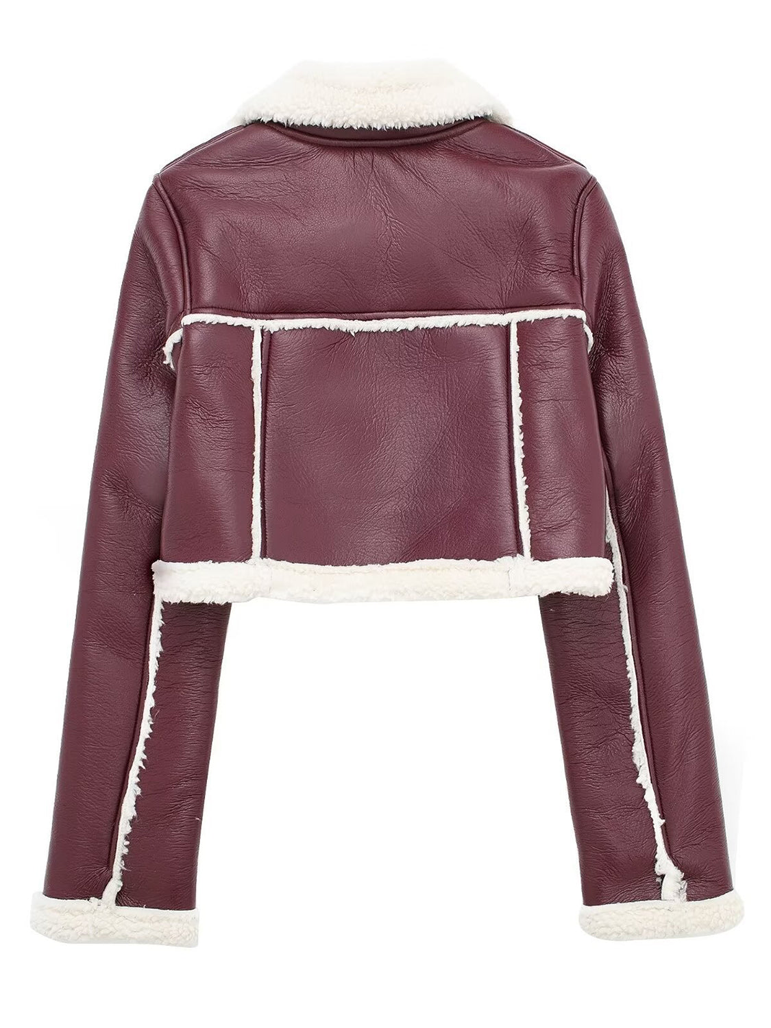 Collared Neck Long Sleeve Plush Cropped Leather Jacket (chocolate & white/black & white/mustard & white/black & reddish brown/brown & reddish brown/coffee brown/burgundy)-SMALL-LARGE