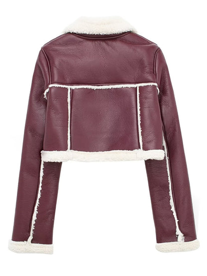 Collared Neck Long Sleeve Plush Cropped Leather Jacket (chocolate & white/black & white/mustard & white/black & reddish brown/brown & reddish brown/coffee brown/burgundy)-SMALL-LARGE