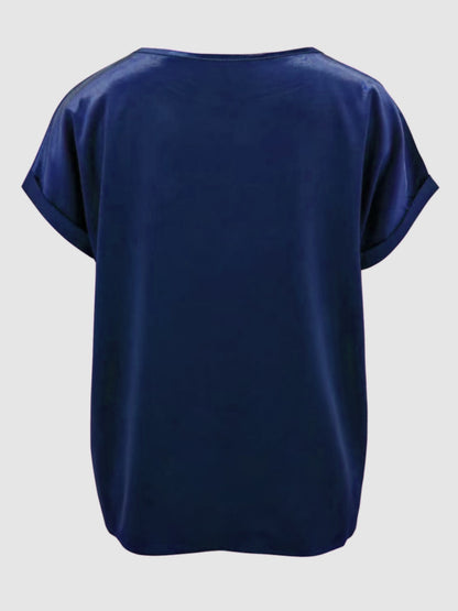 Satin Round Neck Short Sleeve Blouse (black/white/royal blue/lilac/pink/blue/burgundy/green)-SMALL-2XL