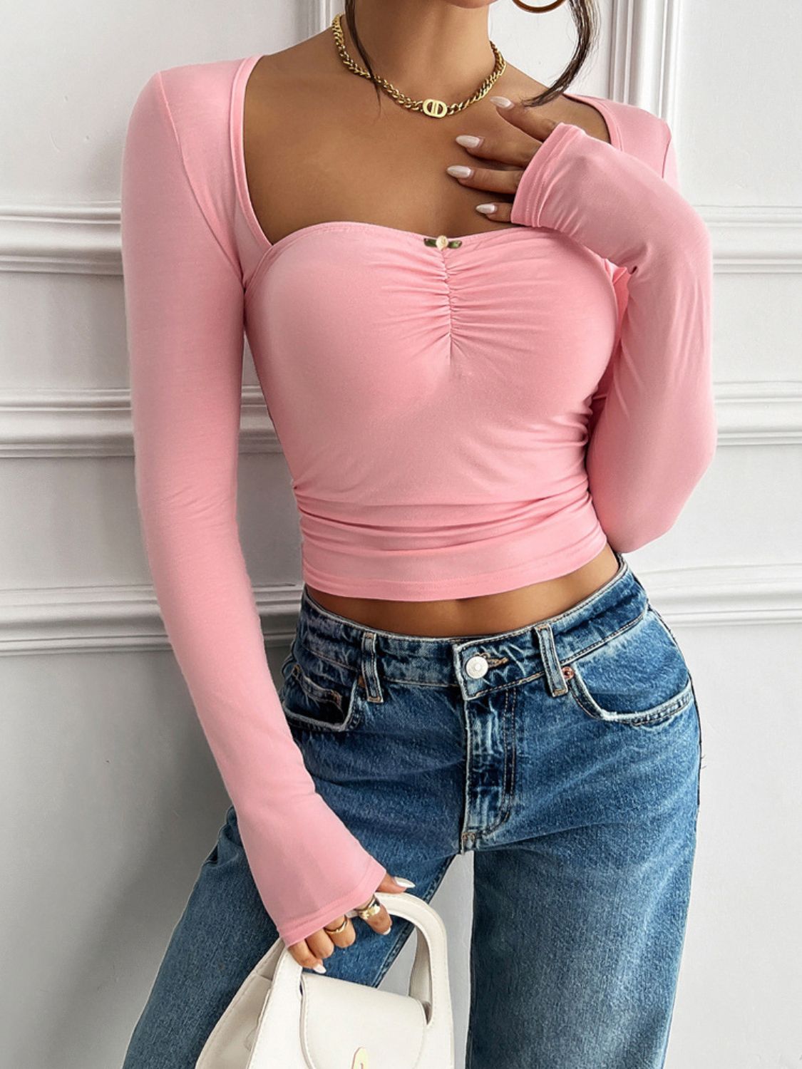 Devine Cutout Square Neck Long Sleeve T-Shirt(-(white/tan/black/pink)-SMALL-XL