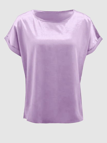 Satin Round Neck Short Sleeve Blouse (black/white/royal blue/lilac/pink/blue/burgundy/green)-SMALL-2XL