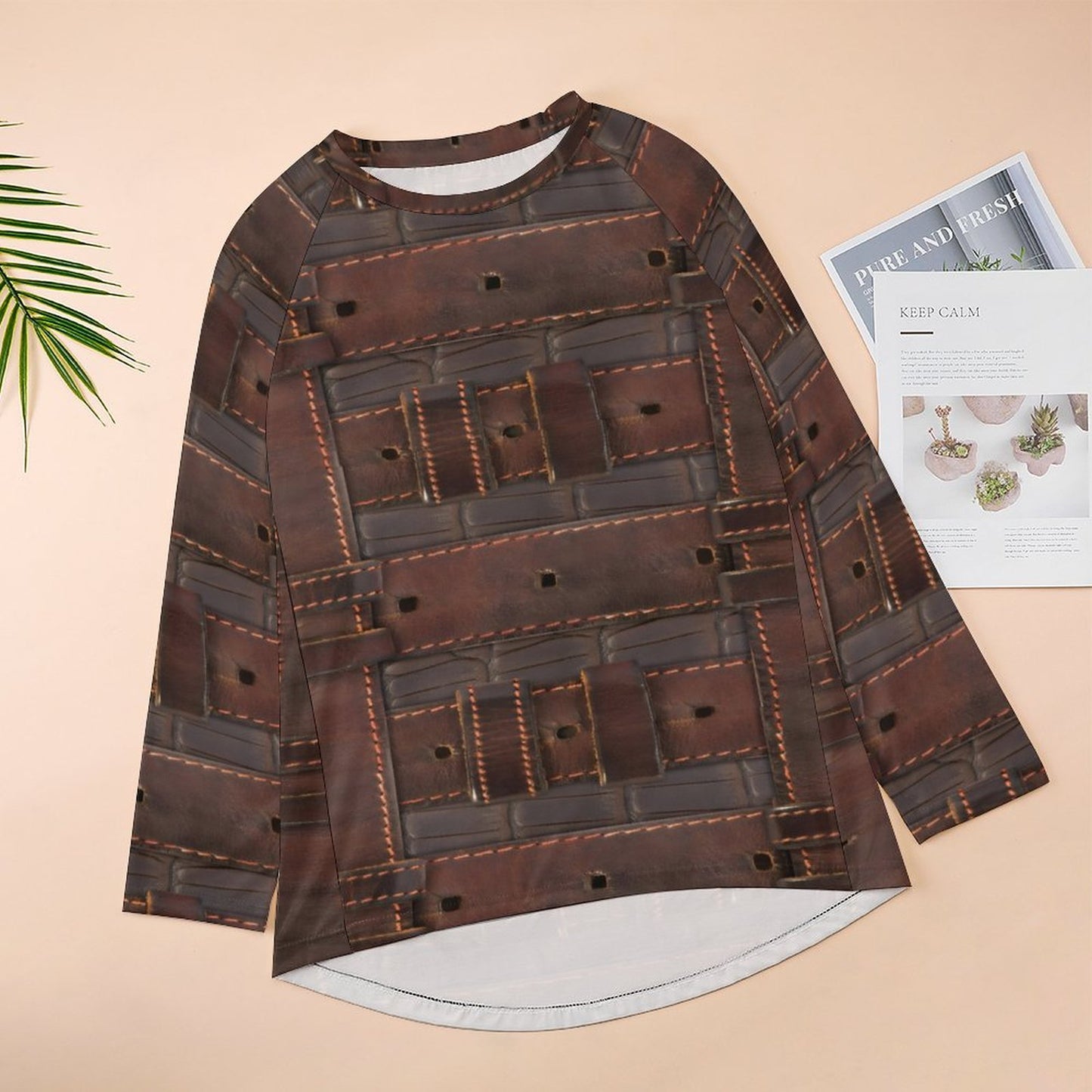 RUGGED LEATHER BUCKLE Print Women's Long Sleeve U-Neck T-Shirt-SMALL-5XL